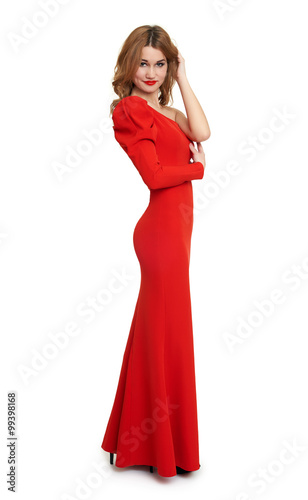 lady in red dress. white background