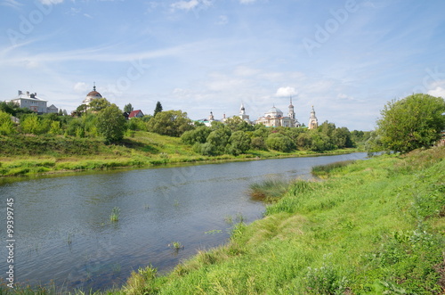 View from the embankment of the river Tvertsa at the Novotorzhsk Borisoglebsk monastery, Torzhok, Tver region, Russia