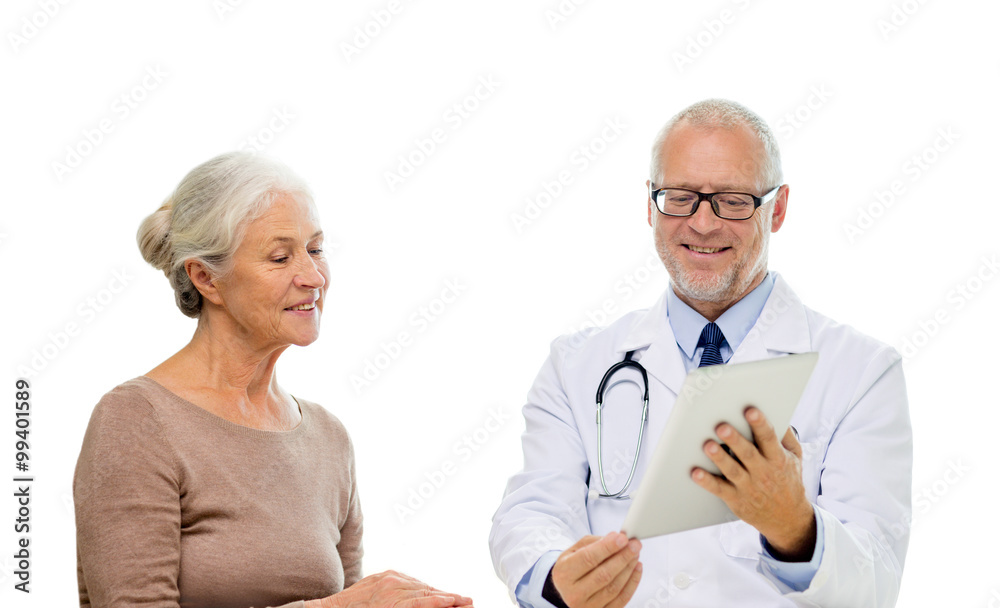 smiling senior woman and doctor with tablet pc smiling senior woman and doctor with tablet pc