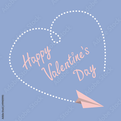Flying paper plane. Dashed heart in the sky. Happy Valentines Day card. Flat design. Serenity, pink rose quartz color.