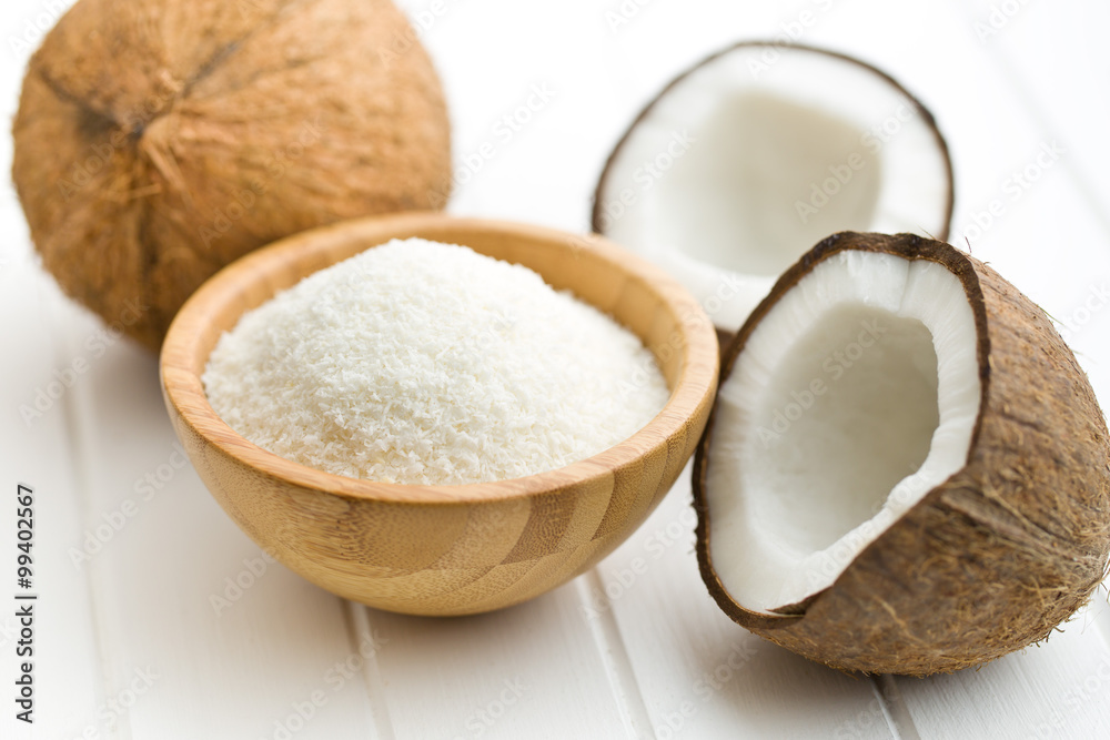 grated, whole and halved coconut grated, whole and halved coconut