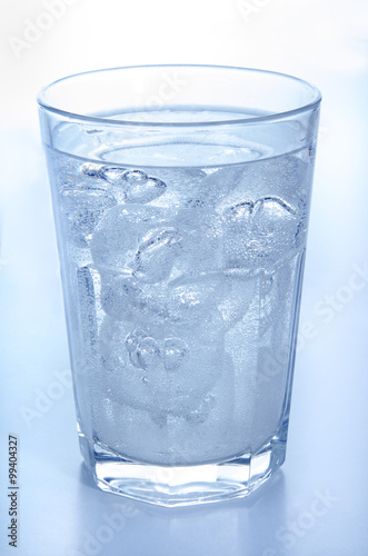 glass with ice cold, bubbling mineral water