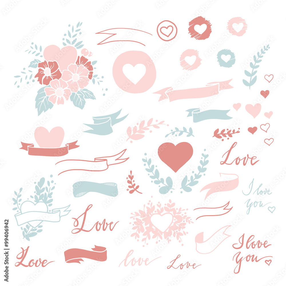 Set of cute small hand drawn hearts, ribbons, leaves and branches with love lettering Set of cute small hand drawn hearts, ribbons, leaves and branches with love lettering