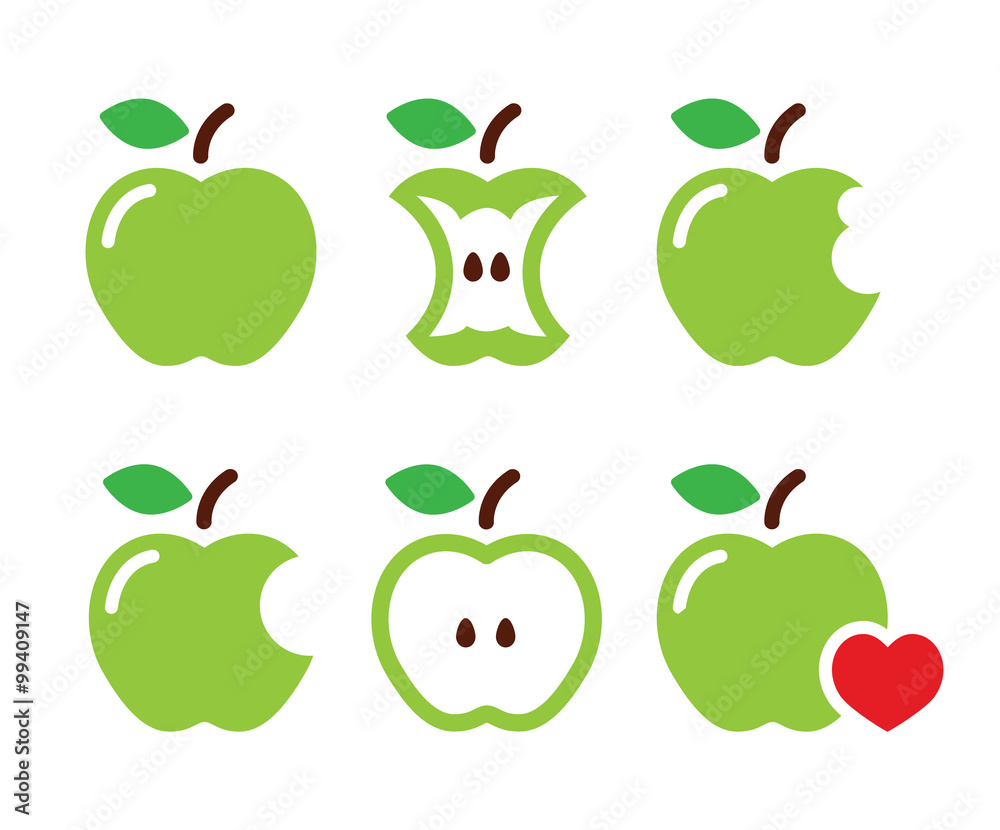 Green apple, apple core, bitten, half vector icons