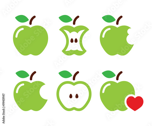 Green apple, apple core, bitten, half vector icons