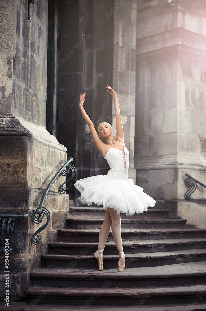 Fototapeta premium She can teach you grace. Vertical soft focus portrait of a stunning ballet dancer woman performing on the stairway of an old castle