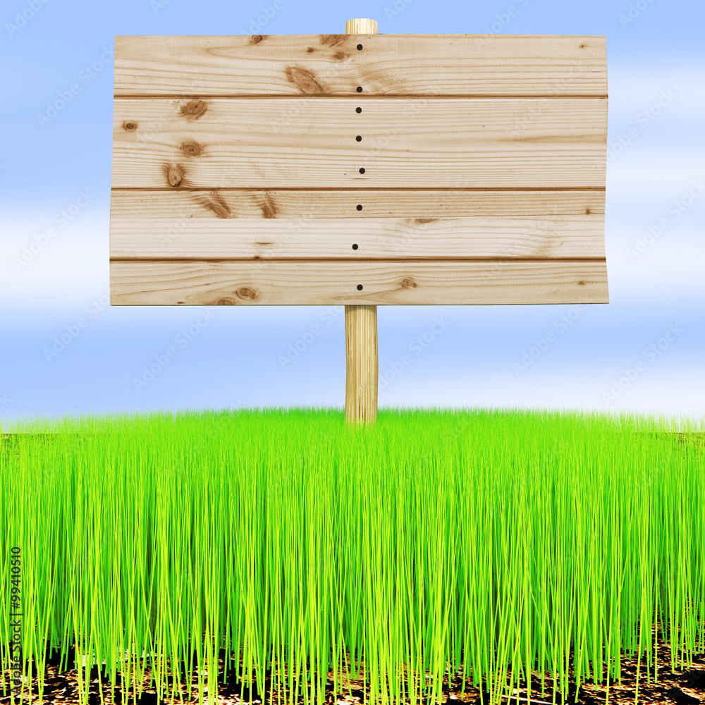 Advertising sign stands in fresh grass tufts Advertising sign stands in fresh grass tufts