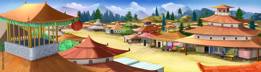 Small city in ancient China. Panorama view