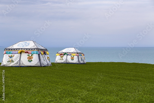 Yurts and Qinghai lake in Qinghai province, China