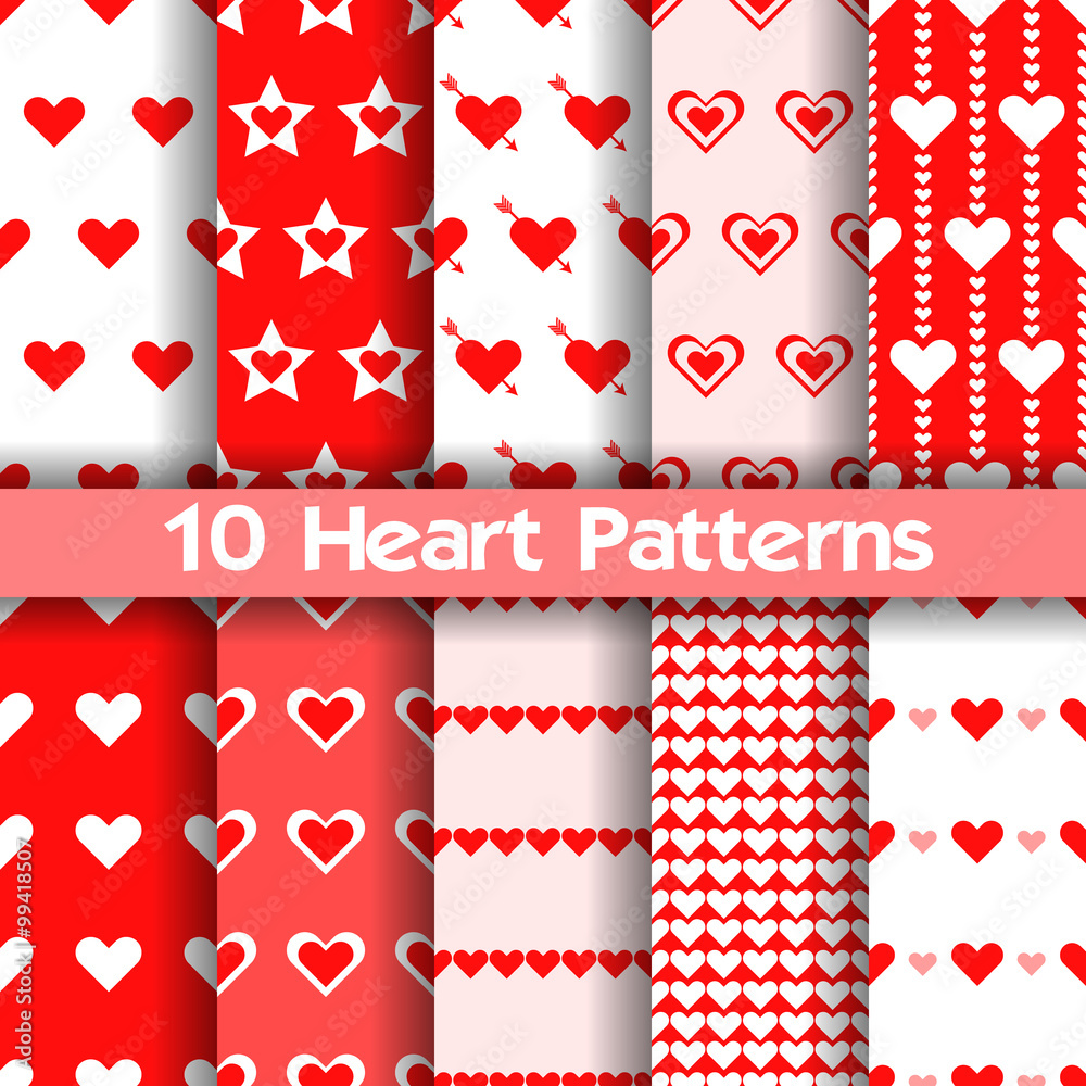 Obraz premium 10 Heart vector seamless patterns. Red and white colors. For Valentines day background