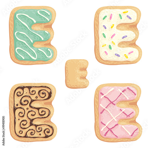 The different types of the E letter in the shape of the cookie with sweet glaze