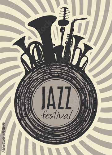 Canvas Print banner for jazz festival with wind instruments and vinyl record