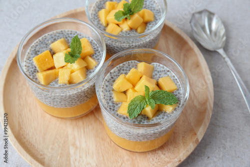 Homemade Chia seed pudding with mango  selective focus  toning