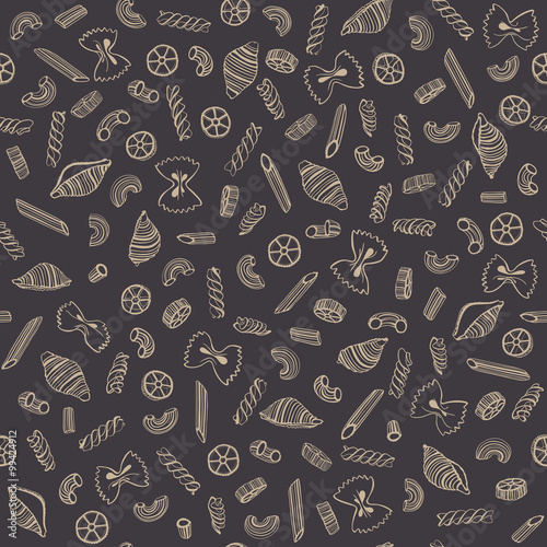 Pasta background. Seamless pattern. Vector illustration. Hand drawn various kinds of pasta.