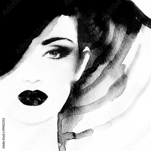 Obraz Piękna twarz. portret kobiety w kapeluszu. akwarela malarstwo. moda tło