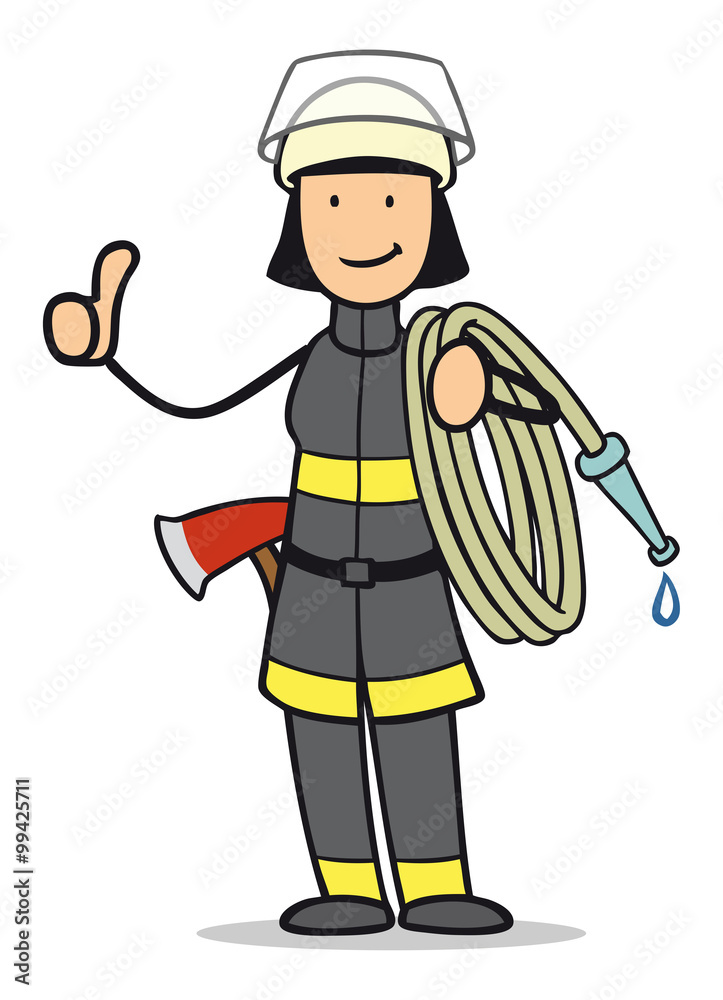 Fototapeta premium Cartoon Frau von Feuerwehr hält Daumen hoch