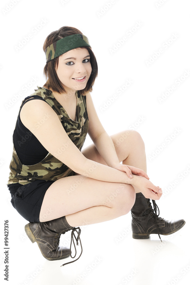 Fototapeta premium Happy, Squatting Combat Girl