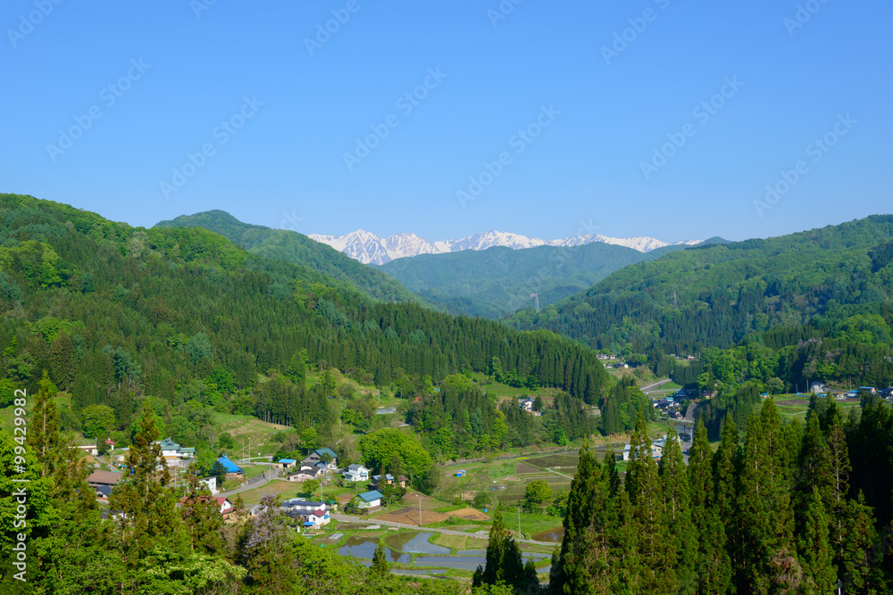 Northern Alps and village in Nagano, Japan