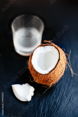 Coconut with Coconut Water in a Glass. Coconut Milk. Coco nut cu