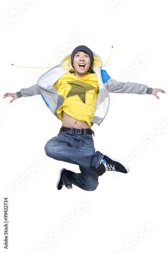 Excited man jumping in the air