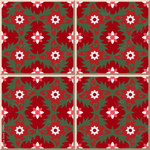 Vintage seamless wall tiles of red red tone flower spiral leaf, Moroccan, Portuguese.
