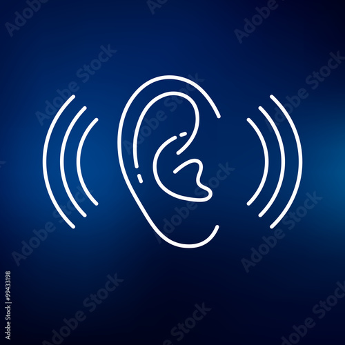 Ear hearing aid icon. Volume increase sign. Ear hear symbol. Thin line icon on blue background. Vector illustration.