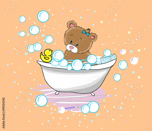 Vector Cute baby bear swims in the bathtub with foam and duck. Shampoo bubbles.