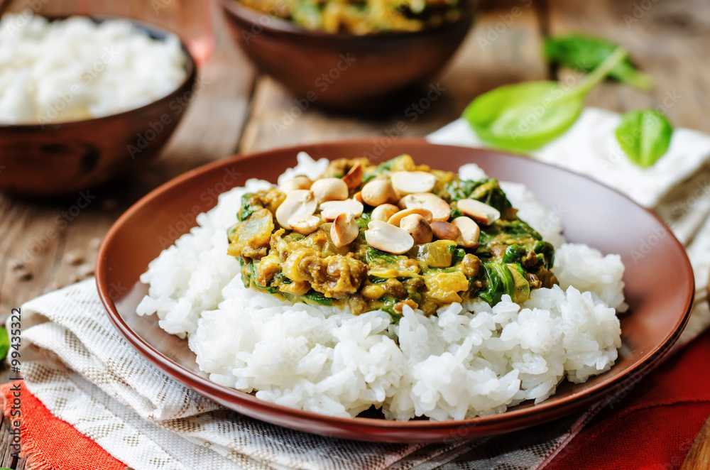 lentils, peanut butter spinach curry with rice lentils, peanut butter spinach curry with rice