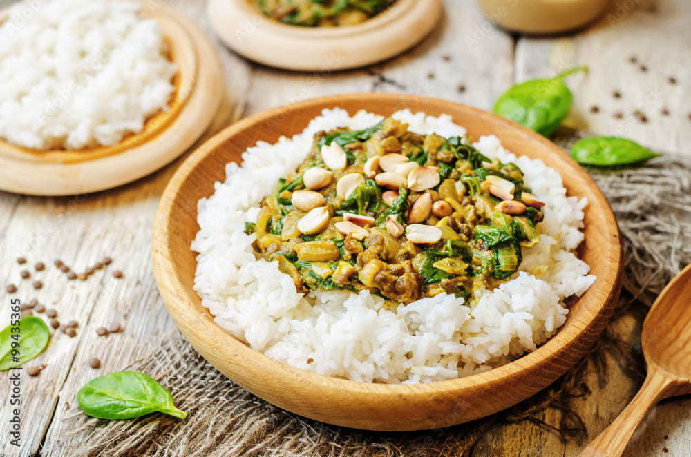 lentils, peanut butter spinach curry with rice lentils, peanut butter spinach curry with rice