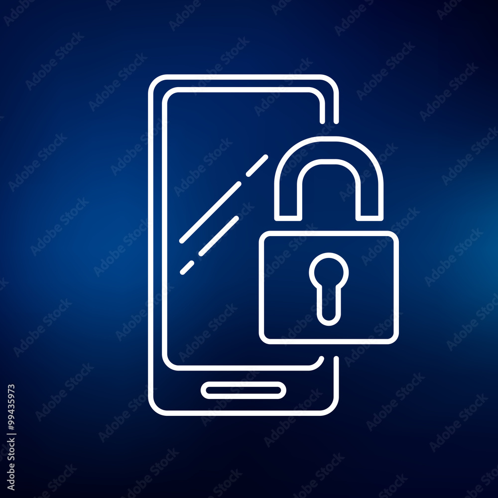 Secure lock mobile smartphone icon. Padlock cellphone sign. Mobile encrypted password symbol. Thin line icon on blue background. Vector illustration. Secure lock mobile smartphone icon. Padlock cellphone sign. Mobile encrypted password symbol. Thin line icon on blue background. Vector illustration.