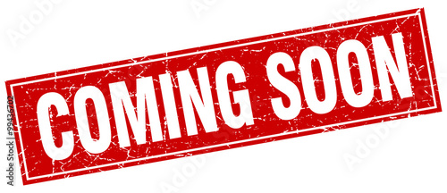 coming soon red square grunge stamp on white