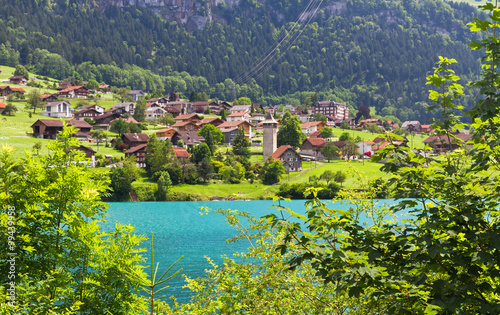 Look through some trees at a lake in Switzerland in the mountains with a little village on the shore