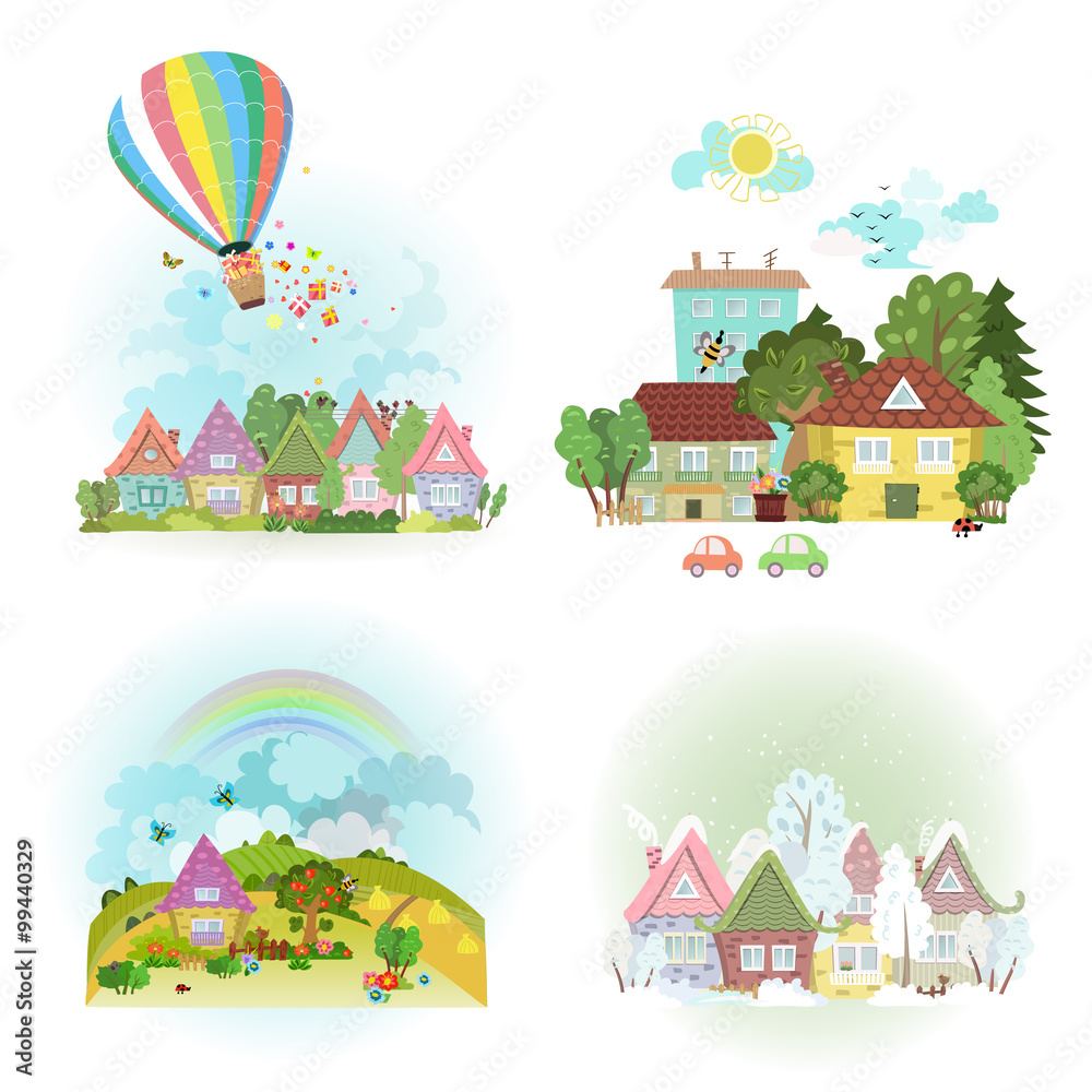 lovely set of cute cityscape in different times of year. collect