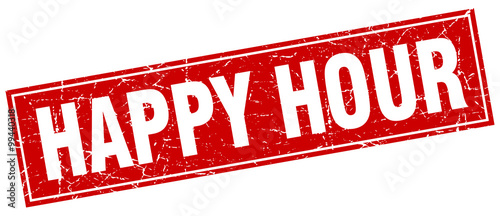 happy hour red square grunge stamp on white
