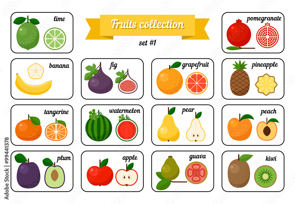 Collection of Cards with Fruits: watermelon, kiwi, apple, banana, pomegranate and others Collection of Cards with Fruits: watermelon, kiwi, apple, banana, pomegranate and others