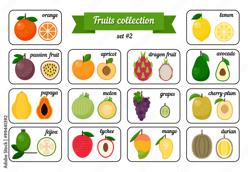Collection of Cards with Fruits: orange, avocado, mango, plum and others
