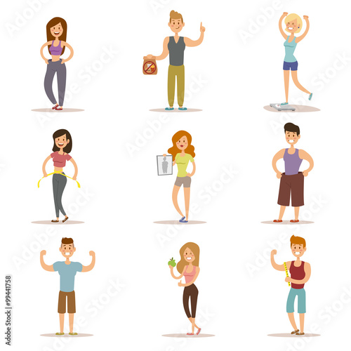 Beauty fitness people weight loss vector cartoon illustration