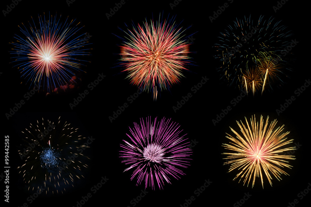 Fireworks / Collection of colorful fireworks on black background.