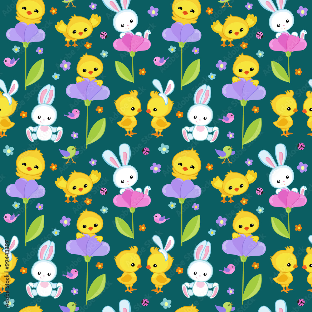 Naklejka premium Seamless pattern spring with cute bunny and chicken.
