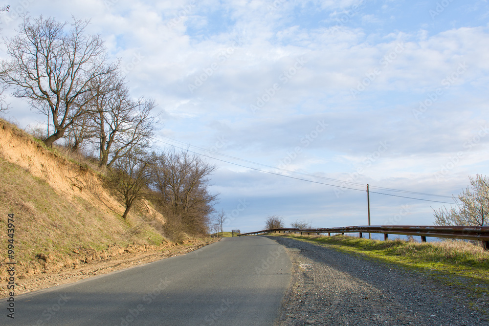 Asphalt rural road with trees and beautiful sky