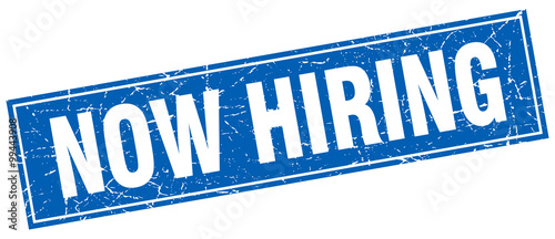 now hiring blue square grunge stamp on white