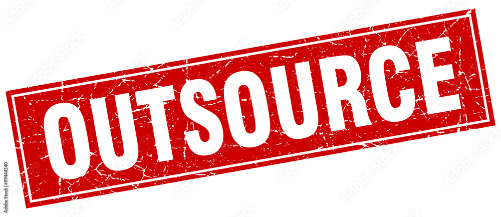 outsource red square grunge stamp on white