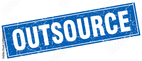 outsource blue square grunge stamp on white