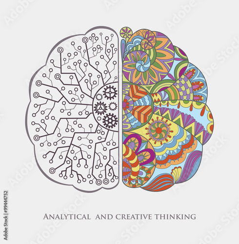Conceptual Background with Analytical and Creative Thinking. Human Brain in the Work. Abstract Vector Graphic.