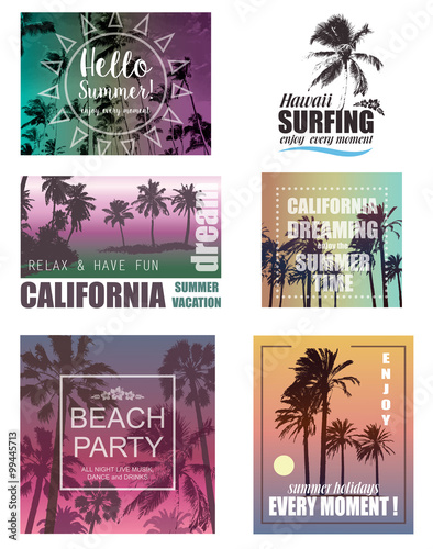 Set of Exotic Print with Palms for T-shirt. Summer Travel and Vacation Backgrounds . Nature Landscapes.