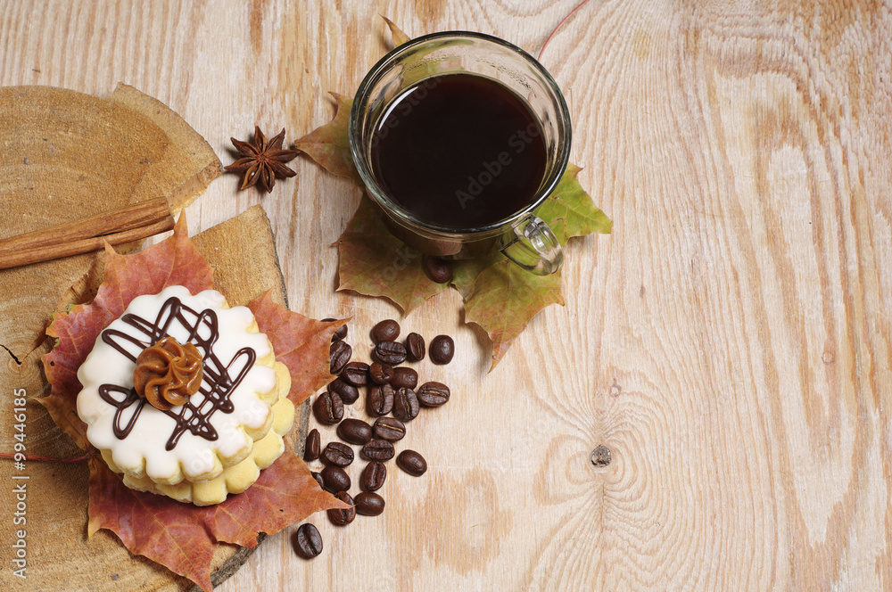 Coffee, cake and autumn leaves Coffee, cake and autumn leaves