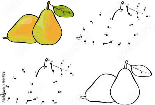 Cartoon pear. Vector illustration. Coloring and dot to dot game