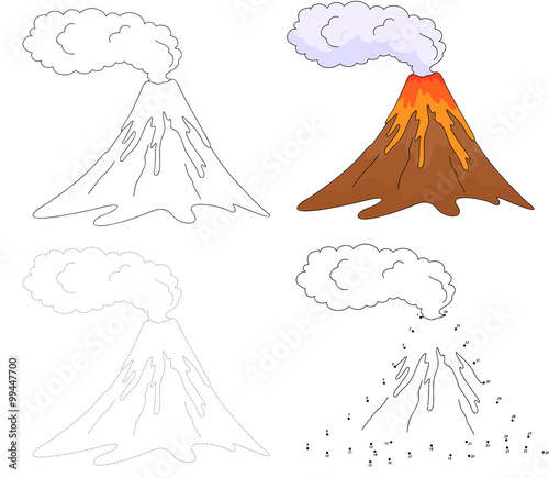 Cartoon erupting volcano. Vector illustration. Dot to dot game f
