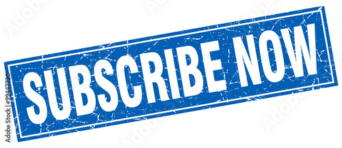 subscribe now blue square grunge stamp on white