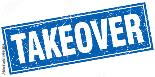 takeover blue square grunge stamp on white